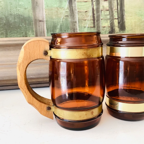 2 Vintage Siesta Ware Amber Glass Wood Handle Collectible Coffee Mug, Beer 12 oz - Picture 4 of 8